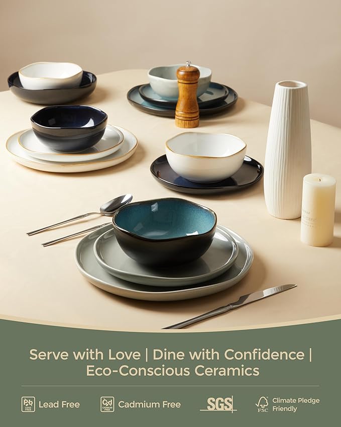 Large Holiday Dinnerware Sets for 8, Ceramic Plates and Bowls Set, Kitchen Dish Set, Microwave & Dishwasher Safe Dishware, Perfect for Christmas & Thanksgiving, Gray Green