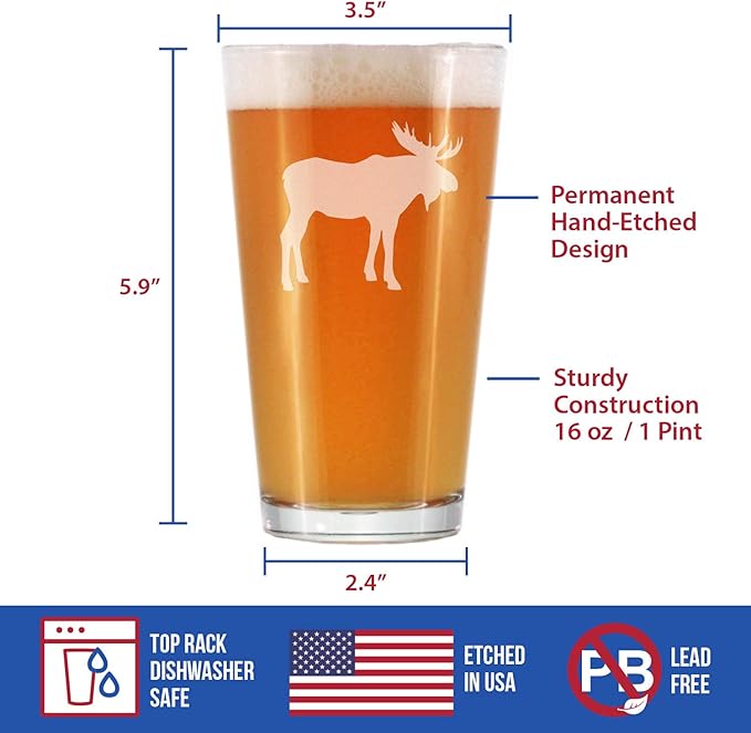 Bevvee Moose - 16 oz Pint Glass for Beer - Cabin Themed Gifts or Rustic Decor for Men and Women - Fun Drinking or Party Glasses