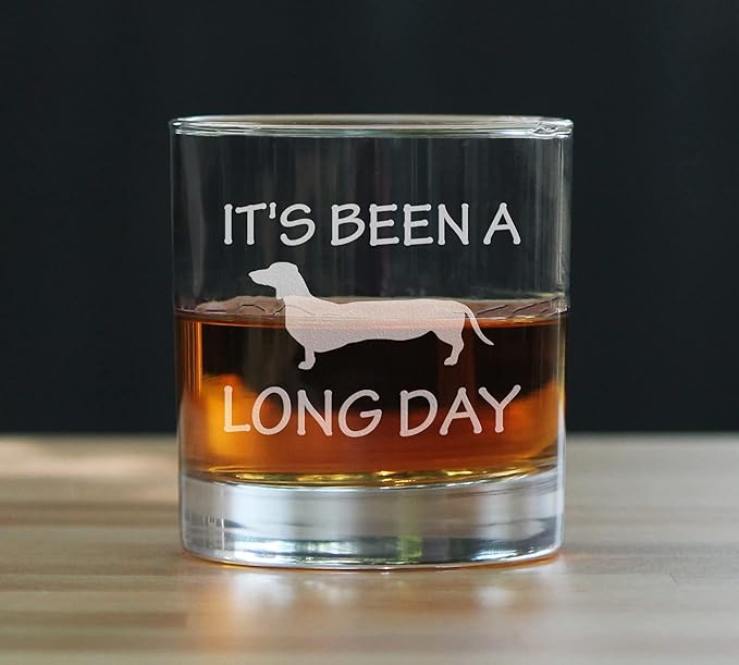 Bevvee Long Day - Funny Dachshund Whiskey Rocks Glass Gifts for Men & Women - Fun Whisky Drinking Tumbler Décor