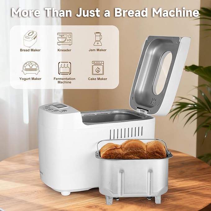 Davivy Bread Maker Machine 3LB with 2 Dough Kneading Paddles,15-in-1 Automatic Large Capacity Bread Machine Nonstick Bowl For Bread, Jam& Yogurt, 3 Loaf Sizes and 3 crust settings（silver，1.5kg）