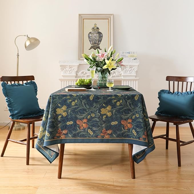 patdrea Designer Dark Blue Linen Rectangle Tablecloth,Vintage French Rustic Floral Pattern Tablecloths,Decorative Table Cover Cloth for Kitchen,Dining,Tea Party,Home,Christmas,55"*87"