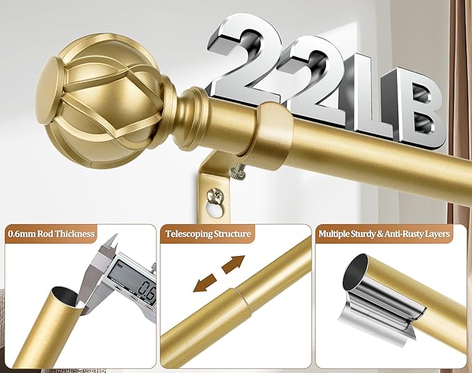 Curtain Rod 48 to 84 Inch, HOTOZON Heavy Duty Curtain Rods for Windows, Telescoping Single Drapery Rod with Netted Texture Finials, Antique Gold