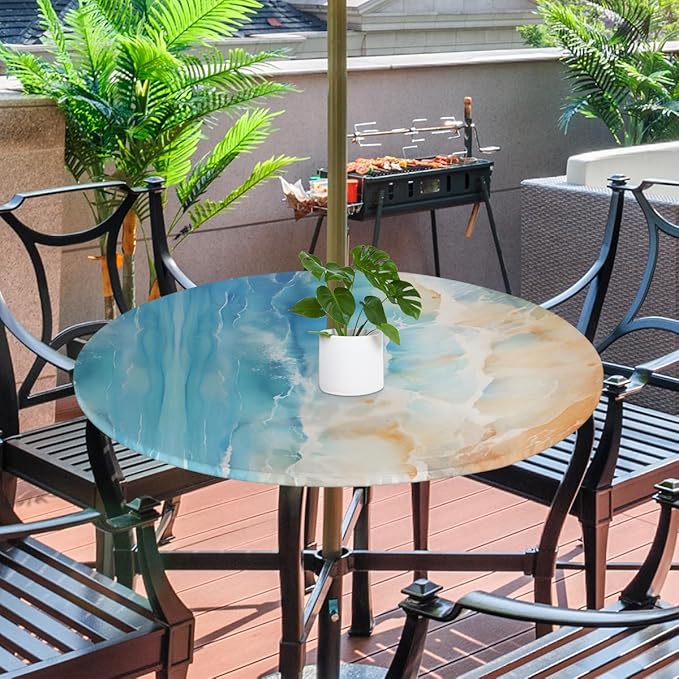 Outdoor Round Tablecloth with Umbrella Hole, Ocean Fitted Table Cloth with Elastic 45"-56" Waterproof Oil-Proof Circle Patio Table Cover for Picnic Camping Party
