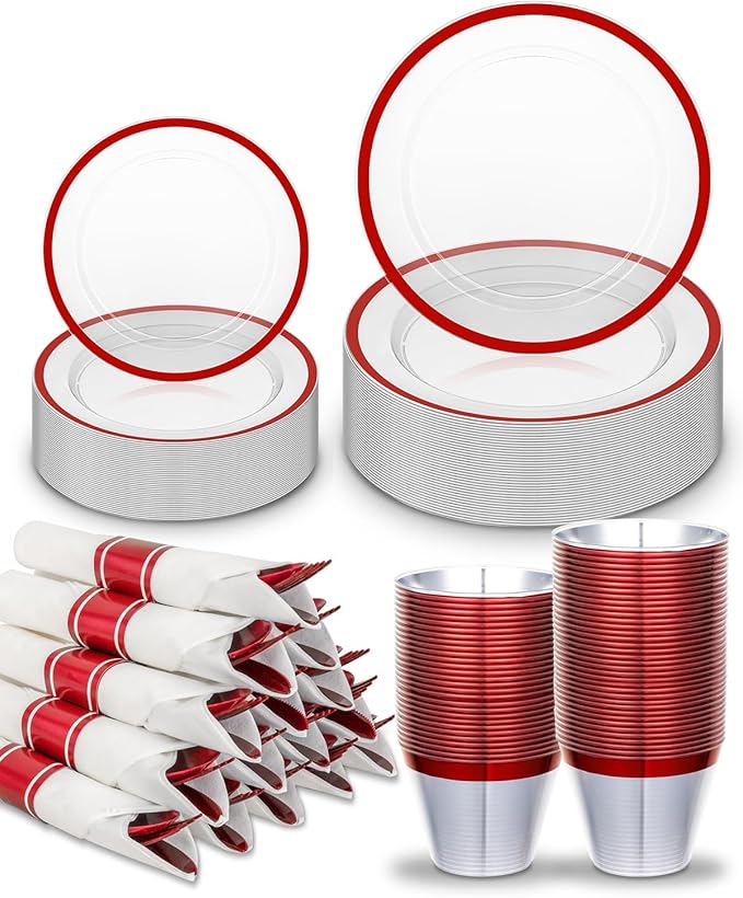 175PCS Plastic Clear & Red Plates for Party, Disposable Dinnerware Sets Suitable for 25 Guests,50 Plastic Plates, 25 Cups, 25 Pre-Rolled Napkins with Cutlery for Christmas, Wedding