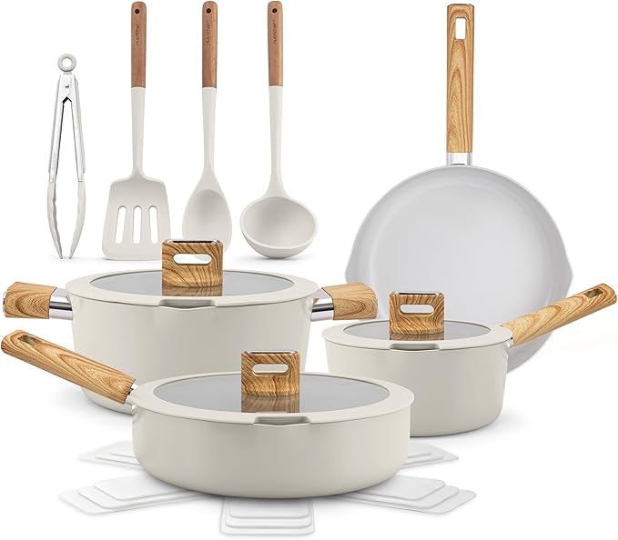 NutriChef 14-Piece pots and pans Set Ceramic Cookware Set - Induction Safe Pots and Pans with Glass Lids, Cool-Touch Handles, Dishwasher Safe, Includes Ladle, Tongs, Spatula, White
