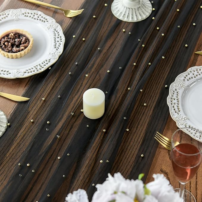 Artoid Mode 10PCS Pearl Black Gauze Table Runner 120 Inch 10FT, Seasonal Sheer Dining Holiday Wedding Birthday Baby Shower Table Decor for Home Party