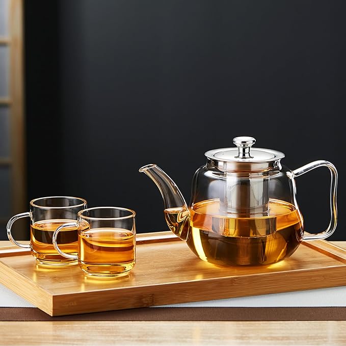 Glass Tea Pot with Infuser and Lid, Heat Resistance Borosilicate Glass Tea Kettle for Gas Stovetop, Suit for Blooming and Loose Leaf Tea, 32 fl oz