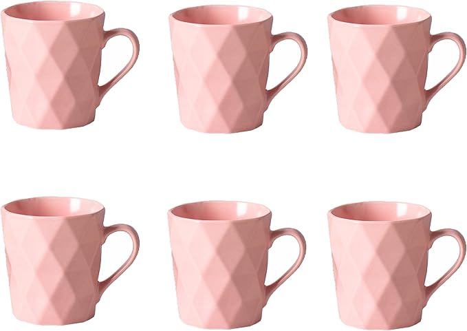 11 Ounce Porcelain Mugs, Set of 6, Tea and Cocoa Mug Set, Matte (Pink)