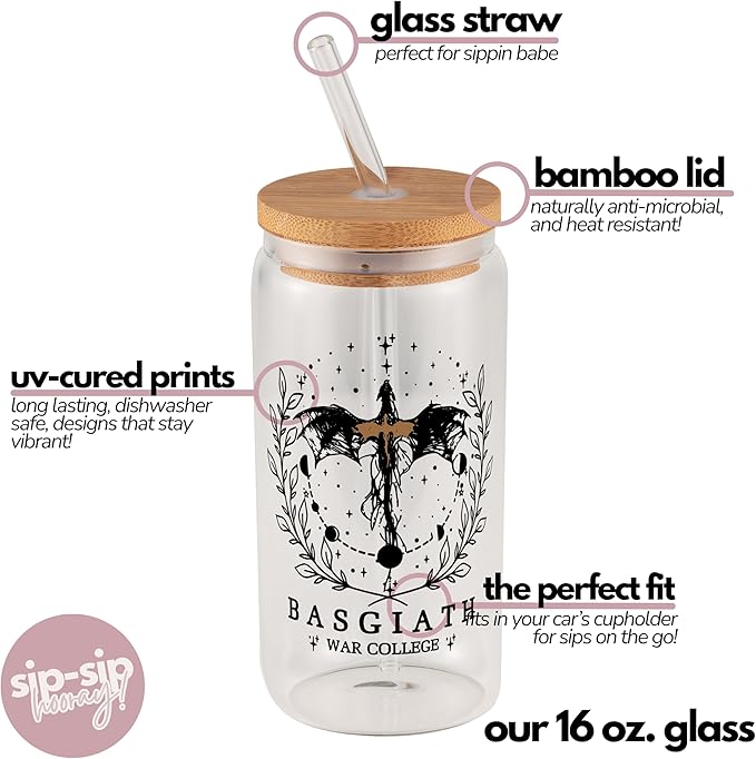 Sip Sip Hooray Fourth Wing Glass Cup with Lid and Straw, 16oz Bookish Iced Coffee Tumbler, Fantasy Dragon Romantasy Gift, Glass Cup for Readers, Booktok Merch, Aesthetic Coffee Cup