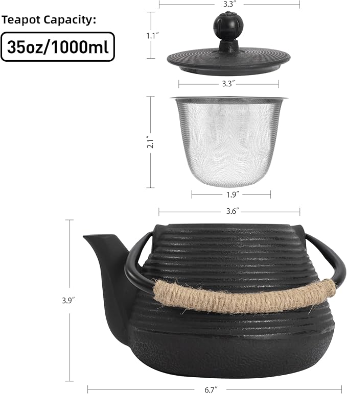 Cast Iron Teapot, 35oz Tea Kettle Stovetop Safe with Infuser for Loose Leaf, Japanese Tea Pot Coated with Enameled Interior, 1000ml Black
