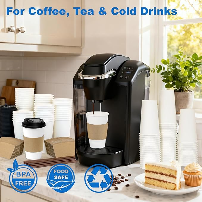 16 oz 300 Pack Coffee Cups with Lids and Sleeves, Straws, Hot Disposable To Go Travel Paper Cups Bulk for Office, Home Coffee Bar Accessories, Chocolate, Cocoa, Beverage (White)