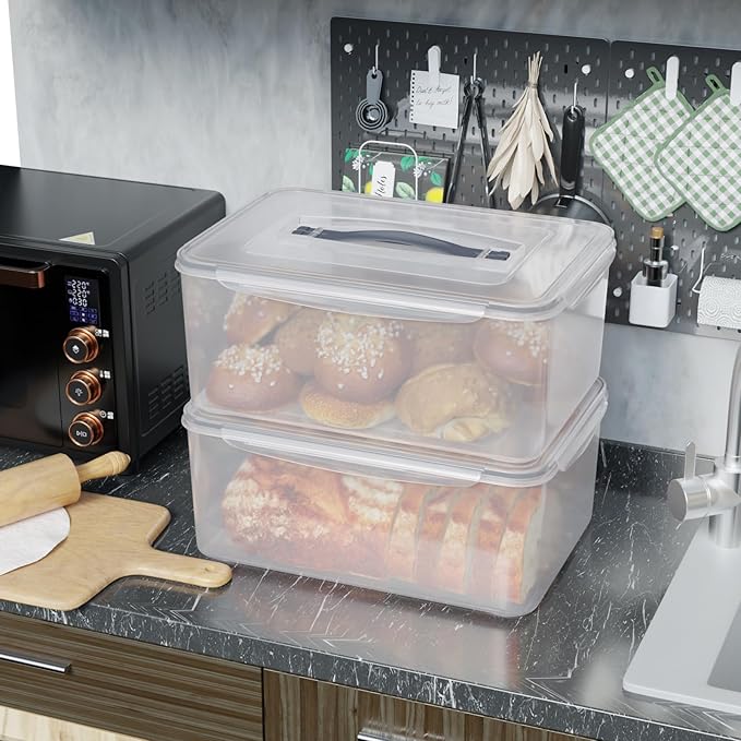 15 L Large Airtight Food Storage Container with Handle, 4 Packs Plastic Bread Boxes with Silicone Sealed Lid, Clear