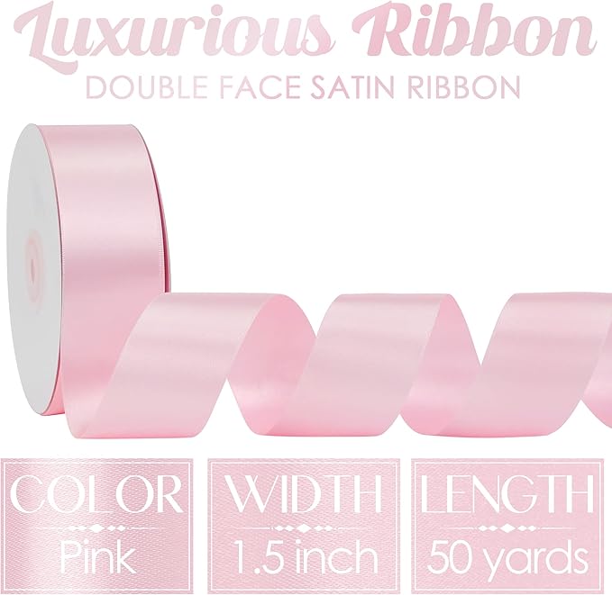 MEEDEE Pink Satin Ribbon 1-1/2 Inch Pink Ribbon Lux Double Faced Satin Ribbons by 50 Yards Polyester Satin Ribbons for Crafts, DIY Crafts, Weddings, Flower Bouquet, Holiday Decorating