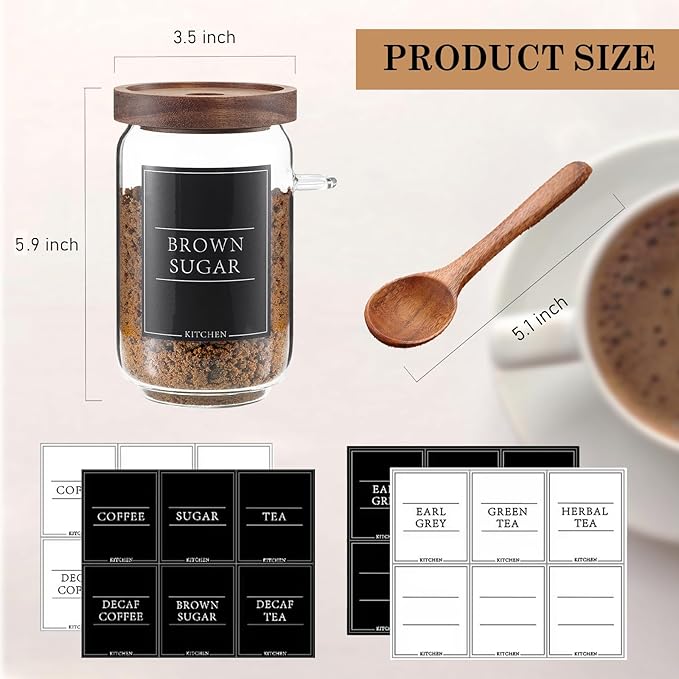 KOSKIMER Coffee and Sugar Container Set, Glass Coffee Jars with Wooden Lids and Scoops, Decorative Sugar Tea Creamer Canisters for Kitchen Countertop (25oz)