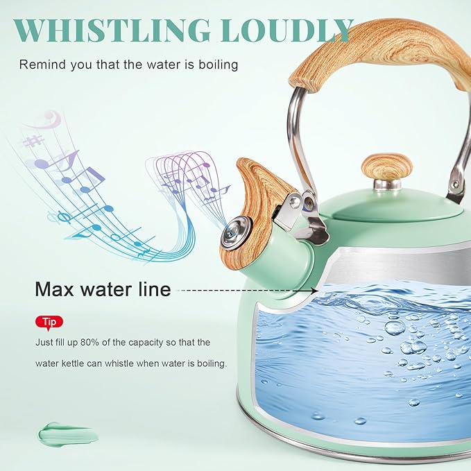 GGC Tea Kettle for Stove Top, 85OZ/2.6QT Whistling Tea Kettles for Boiling Water Milik or Coffee, Green Stainless Steel Tea Pots with Wood Pattern Folding Handle, Thumb Design Control Kettle Outlet