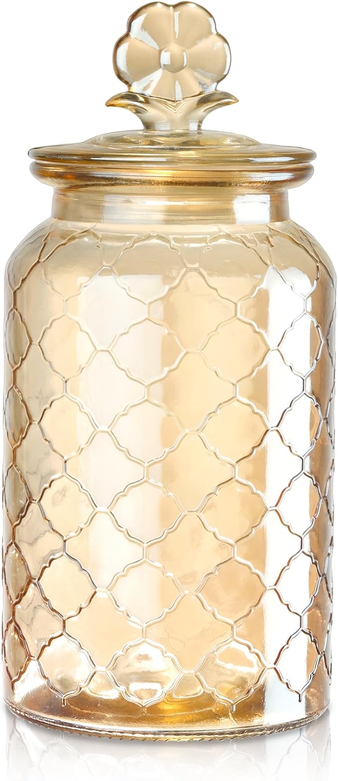 Joeyan 45 oz Amber Glass Storage Jar with Airtight Glass Lids, Vintage Embossed Food Container, Decorative Kitchen Canister Organizer for Candy, Flour, Coffee Bean, Pet Treats