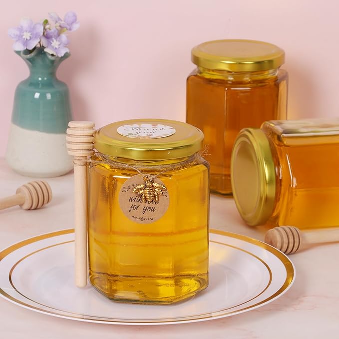 BIGIVACA 9 oz Hexagon Glass Honey Jars with Wood Dippers,6 Pack Honey Jars with Gold Lids,Bee Pendants,Jutes,35 Bee Stickers,Perfect for Baby Shower,Wedding Favors,Party Favors