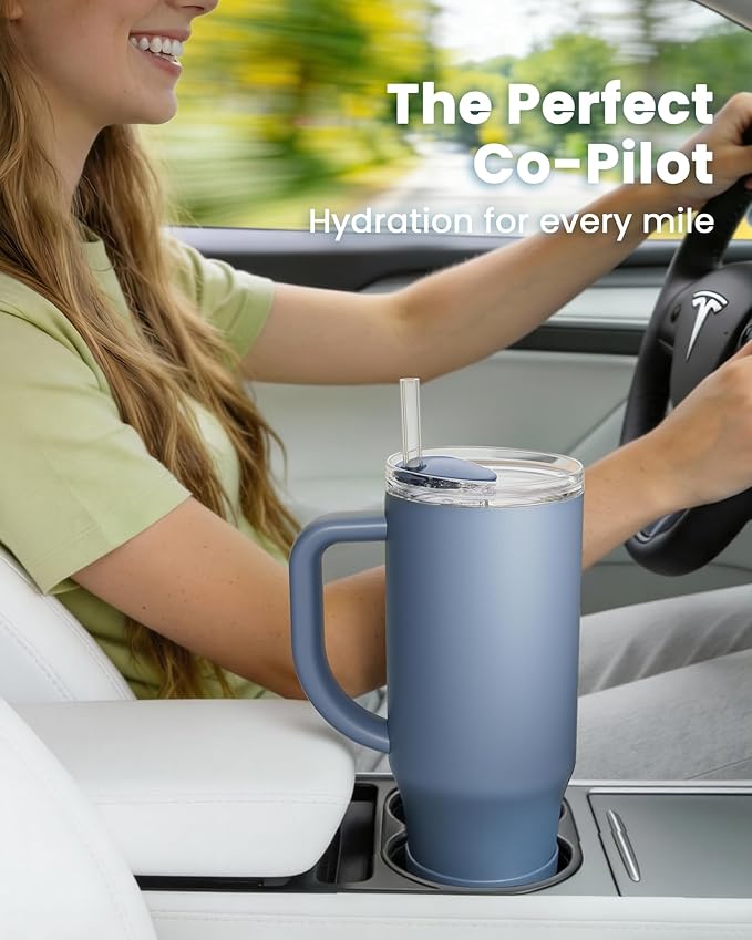 Renoj Tumbler with Handle 100% Spill Resistant Insulated Water Bottle for Iced Coffee & Hot Drinks - Fits Car Cup Holder, Ideal Gift, 2 Straws & Silicone Boot BPA-Free - FlexSlide Navy Blue 40 oz