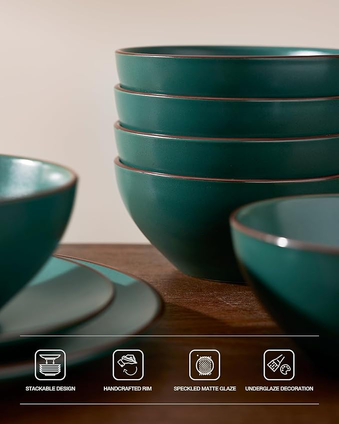 Famiware Venus Speckled Dinnerware Set with Pasta Bowls, Service for 6 (24 Pieces), Stoneware Plates and Double Bowls Sets, Microwave & Dishwasher-Safe Dishes with Trim, Matte Dark Green