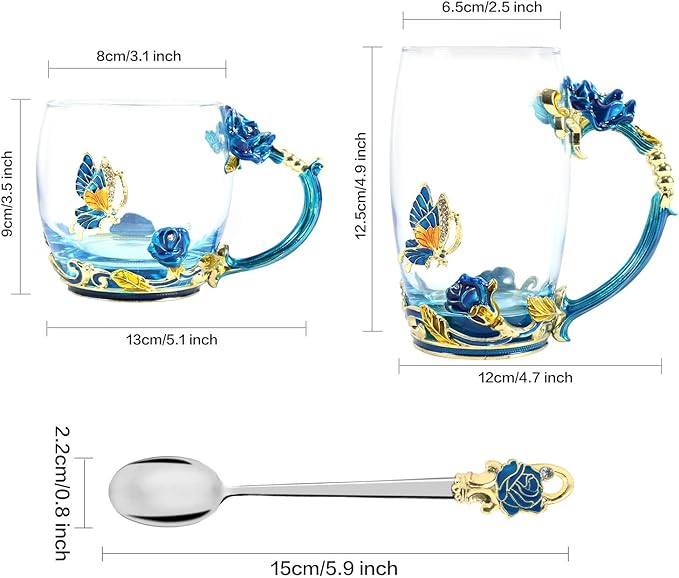 1 Set Coffee Cup Tea Mug with Spoon Set Handmade Enamel Butterfly Flower for Women Man，Father's Day, Mother's Day, Valentine's Day gifts (2 Pack)