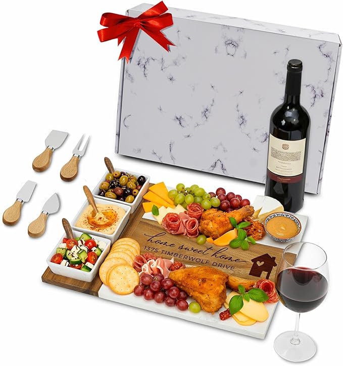 Personalized Charcuterie Board Set, Realtor Closing Gift, Custom Engraved Marble Wood Cheese Board, Real Estate Agent Gift, Housewarming Gift for Buyers, Cheese Platter Serving Board, Gift Ready Box