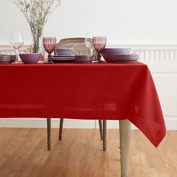 Solino Home Linen Red Tablecloth 60 x 120 Inch - 100% Pure Linen Rectangular Tablecloth - Machine Washable Table Cloth for Valentines, Winter - Fete