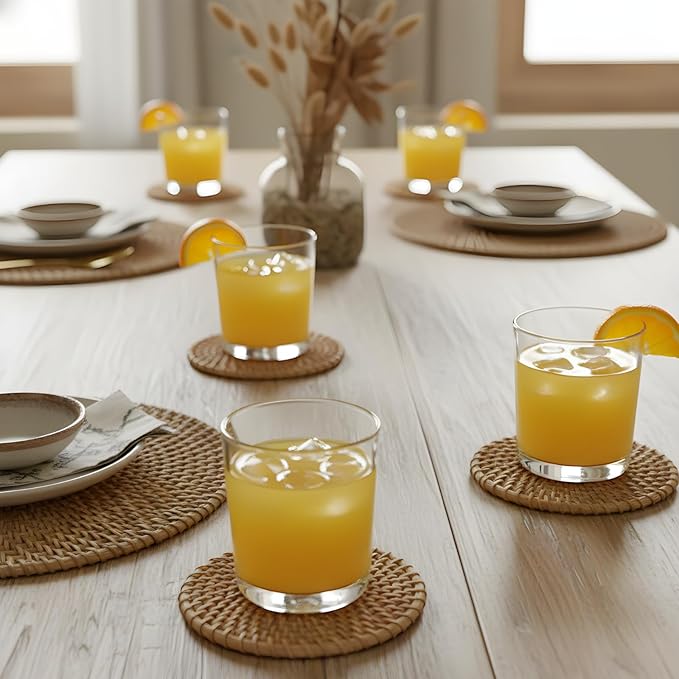 Handwoven Rattan Coasters Set of 6 for Drinks, Boho Wood Cup Coasters with Holder for Tabletop Protection, Vintage Coaster for Desk, Famrhouse & Hostess Gifts
