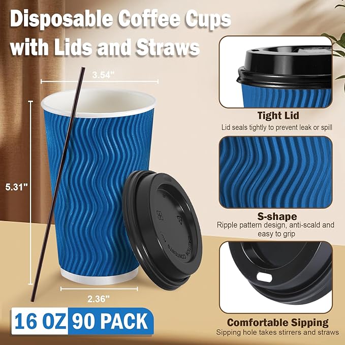 SIUQ 16 oz Coffee Cups-90 Pack Disposable Coffee Cups with Lids and Straws, Insulated Ripple Wall To Go Paper Coffee Cup for Coffee, Hot Chocolate and Hot Tea Drinks - Navy