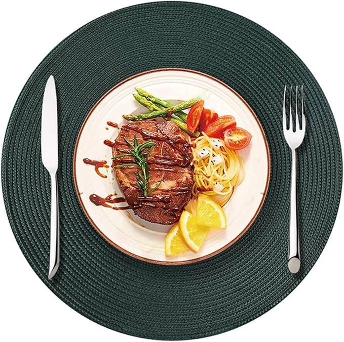 Table Mat Round Braided Woven Set of 6 Woven Placemats Heat Non-Slip for Kitchen Indoor and Outdoor 15 Inch(PPR Dark Green,Round_38CM 4PCS)