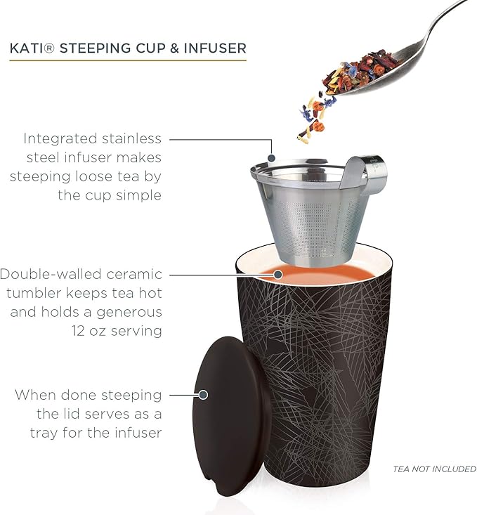 Tea Forte Double-Walled Ceramic Kati Cup, Removable Stainless Steel Infuser Basket and Lid, Steeps 12 oz Loose Leaf Tea, Dishwasher & Microwave Safe, Noir