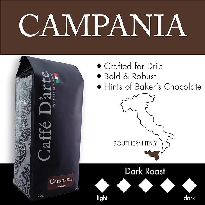 Caffé D'arte Campania Whole Bean Coffee – Medium Roast, Smooth & Balanced Flavor with Sweet Notes – Fresh Roasted in Seattle – 12 oz Bag