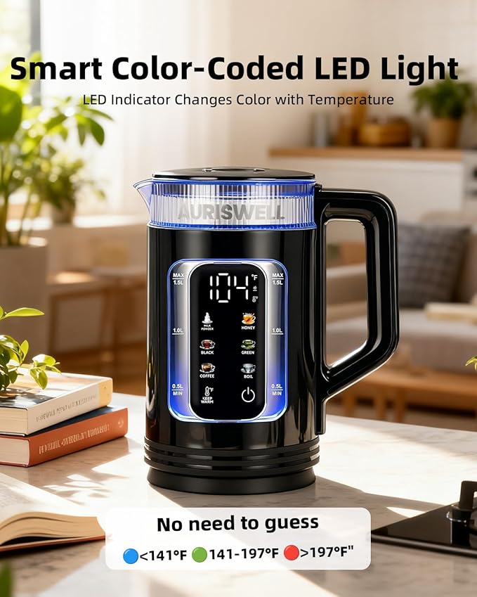 Electric Tea Kettle with Temperature Control, Glass smart Water Boiler for Tea, Coffee & Boil, Automatic Shut Off, 12h Keep Warm & One-Touch 6 Presets