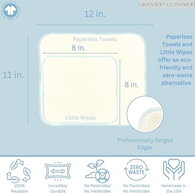 Gina's Soft Cloth Shop 2 Ply 11x12 Inches Unbleached Cotton Birdseye Paperless Towel Set of 10 Rainbow Edging - Proudly Made in the USA!