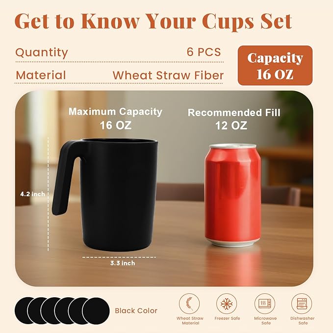 Homienly Unbreakable Coffee Mug Set - 6 Wheat Straw Reusable Cups | Dishwasher Safe Drinking Glasses | Alternative to Plastic Mugs & Glass Cups 16 oz for Camping, Kitchen (Black)