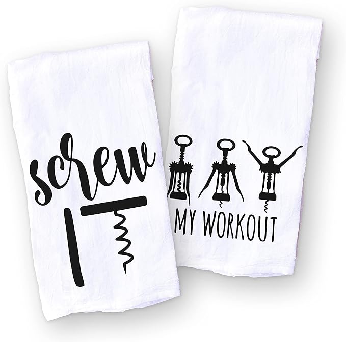 Handmade Funny Kitchen Towel Set - 100% Cotton Funny Hand Bar Towels for Wine Lovers - 28x28 Inch Perfect for Hostess Housewarming Christmas Mother’s Day Birthday Gift (Screw & My Workout)
