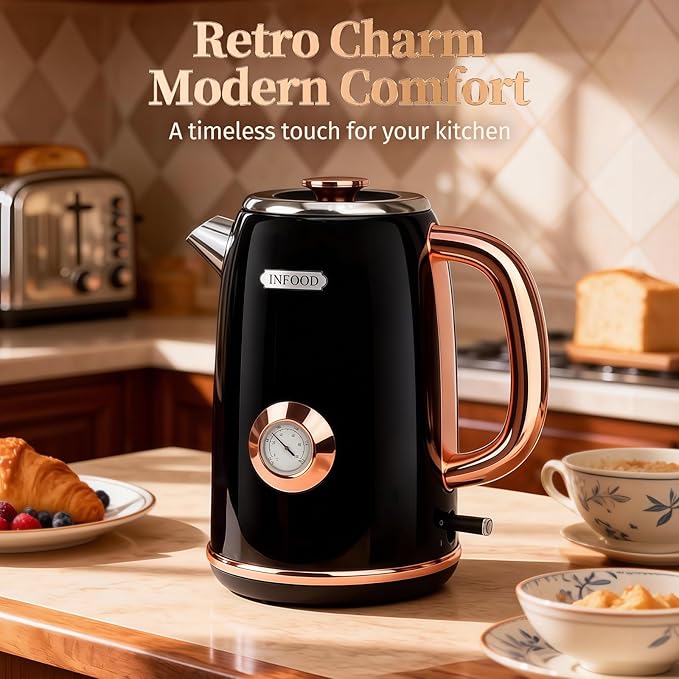 INFOOD Retro Electric Kettle 1.7L/57oz with Thermometer - 1500W Fast Boiling Stainless Steel Hot Water Tea Kettle, BPA-Free, Cordless, Auto Shut-Off, Boil-Dry Protection, Black