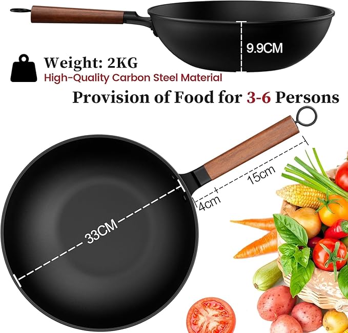 Carbon Steel Wok - Including Glass Cover and Silicone Spatula, 13-Inch Woks & Stir-Fry Pans for Induction, Electric, Gas Stoves