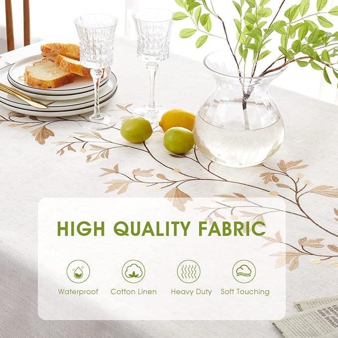 QIANQUHUI Embroidered Tablecloth for Dining Table,Rustic Farmhouse Kitchen Table Cover, Dust Proof Spillproof Soil Resistant Cotton Linen Rectangle Tablecloths（N-Beige,55x55 inch）