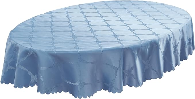 Newbridge Ribbons and Bows Damask Spring & Easter Holiday Fabric Tablecloth, Blue, 60 x 102 Inch Oval, Wrinkle & Stain Resistant Table Cover