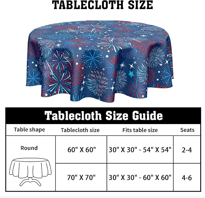 4th of July Round Tablecloth 70 Inch Patriotic Red and Blue Fireworks Polyester Table Cloth Independence Day Memorial Day Table Cover Decoration for Kitchen Dinner Party
