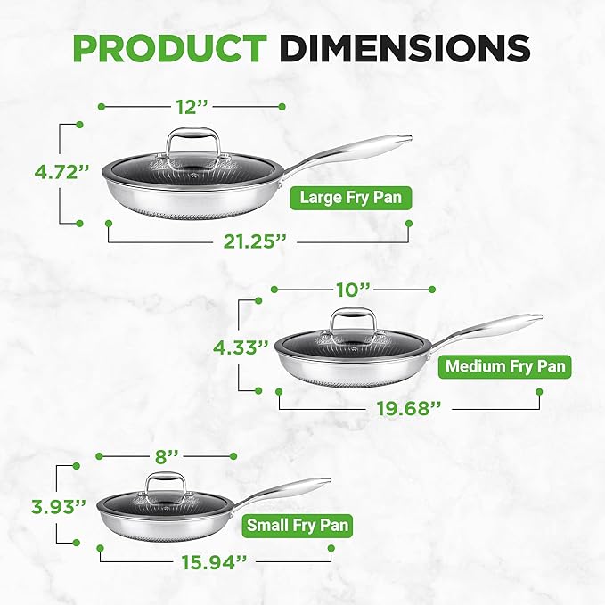 6-Piece Cookware Set Stainless Steel - Triply Kitchenware Pans Set Kitchen Cookware w/DAKIN Etching Non-Stick Coating - Small, Medium, & Large Stir Fry Pan with Lid - NutriChef NC3PFRY3