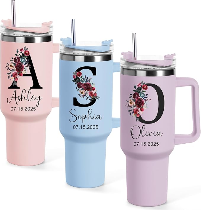 Personalized 40 oz Tumbler with Handle and Straw,Custom Bride & Bridesmaid Gift,Insulated Stainless Steel Travel Coffee Mug Customized Water Cups with Name for Wedding