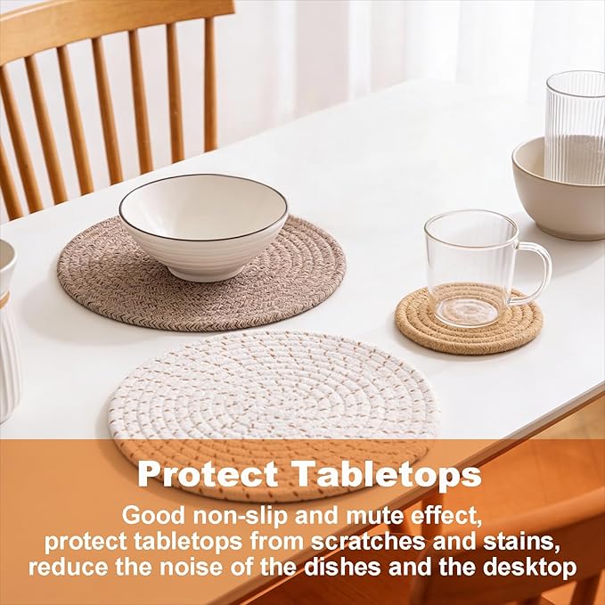 14-Piece Trivet Mats and Woven Coasters Set, Large Trivets for Hot Pots and Pans, Heat-Resistant Pot Trivets and Fabric Coasters for Kitchen and Dining Table