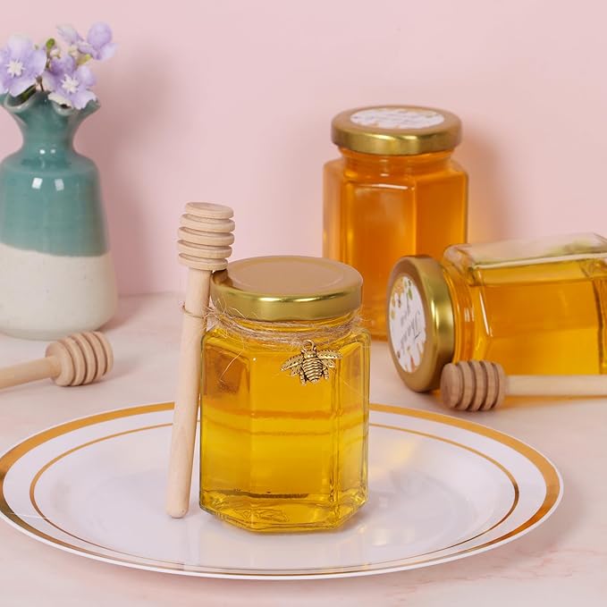 BIGIVACA 4 oz Hexagon Mini Glass Honey Jars with Wood Dippers,30 Pack Small Honey Jars with Gold Lids,Bee Pendants,Jutes,35 Bee Stickers,Perfect for Baby Shower,Wedding Favors,Party Favors