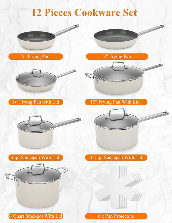 ChefRobot Nonstick Ceramic Cookware Set Healthy Pots And Pans Set Induction Kitchen Cookware sets Non Toxic Pots And Pan Set,PFOA ＆ PTFE Free (12 Pcs-Cookware Sets)