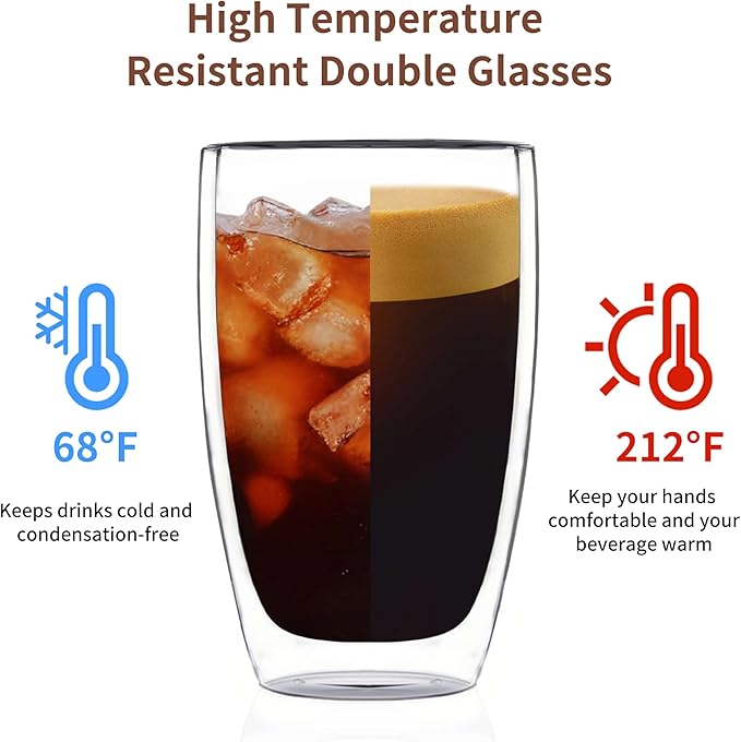 MESNEY 17oz Double Walled Glass Coffee Mugs, Glass Coffee Mugs Set of 2, Insulated Clear Cappuccino Latte Mugs for Home, Cafe & Restaurant, Durable Stackable Drinking Glasses