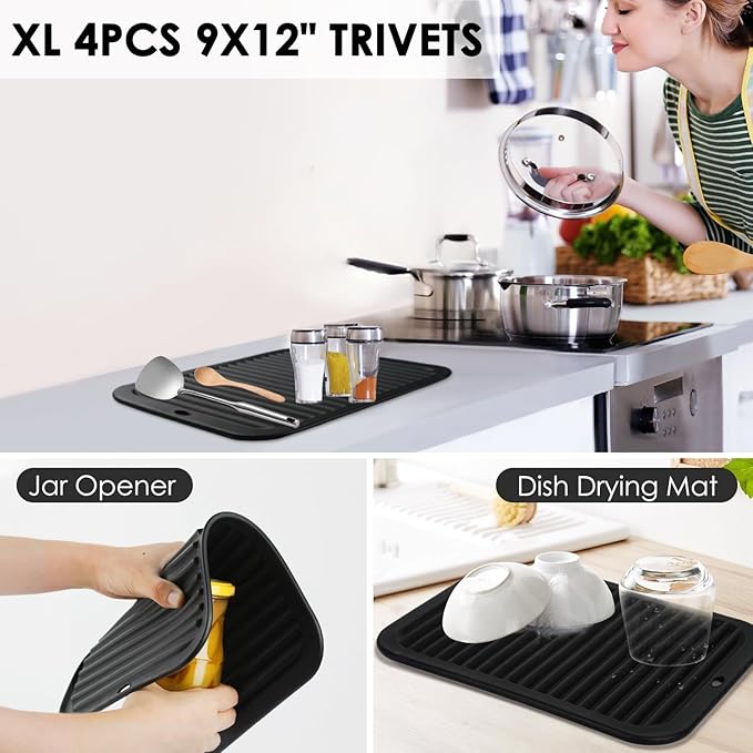 Silicone Trivets for Hot Pots and Pans, 4 Pack Heat Resistant Pot Holders for kitchen, Large Silicone Trivet Mat for Hot Dishes, Black Hot Pads for Kitchen Counter, Hot Mats Spoon Rest, 9 * 12 Inches