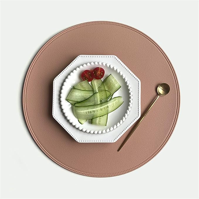 Round Leather Placemat for Dining Faux Large Non-Slip Insulation PU Place Mat for Kitchen of Home Waterproof(Light Pink)