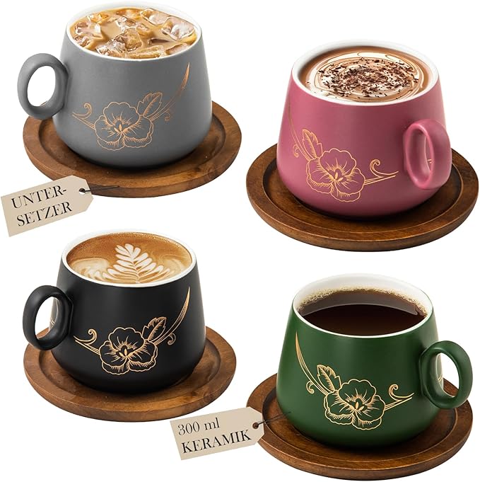 Yundu 10oz Cappuccino Cups & Wooden Saucers Set with Gold Floral Art, Latte Art Cup for Espresso, Coffee & Tea, Modern Matte Ceramic Tea Cup Set of 4