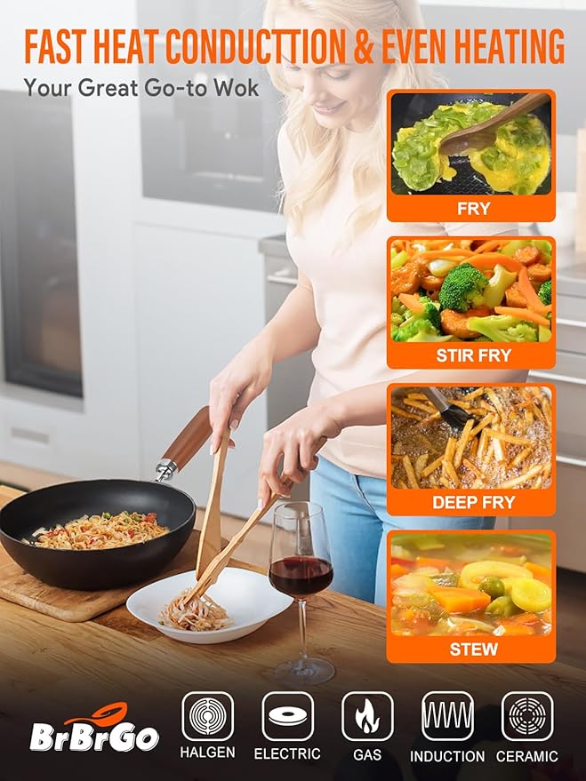 Carbon Steel Wok Pan, 10.5" Authentic Chinese Stir-Fry Pans Set with Glass Lid, 1.87lb Lightweight Flat Bottom Small Wok for 2-3 Servings